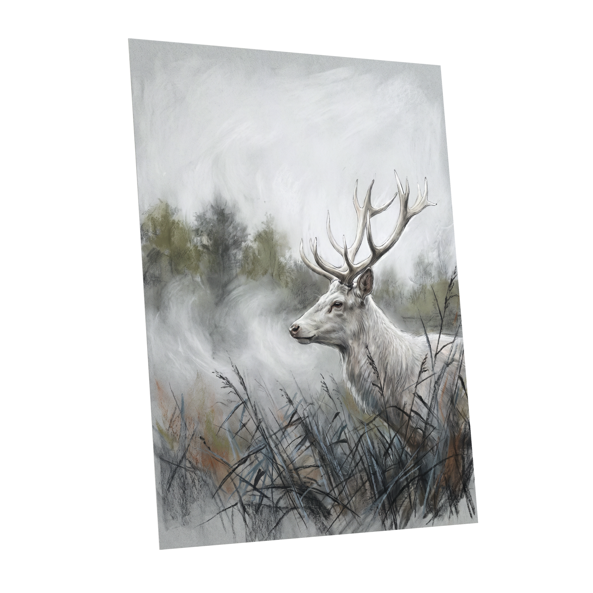 Stag in the Silver Mist, gray, white, black nature wall art shown as a unframed poster wall art print