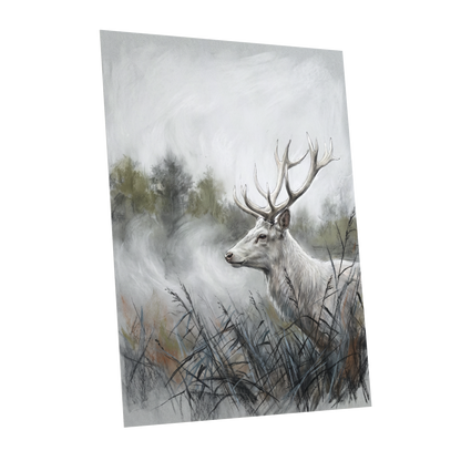 Stag in the Silver Mist, gray, white, black nature wall art shown as a unframed poster wall art print