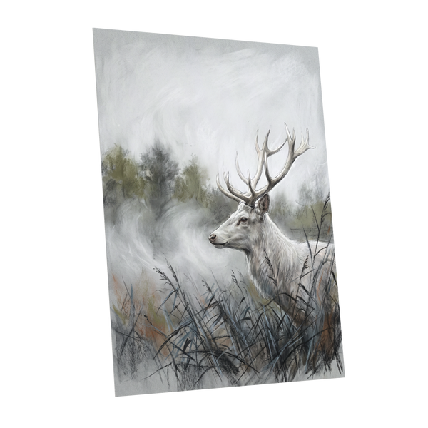 Stag in the Silver Mist, gray, white, black nature wall art shown as a unframed poster wall art print