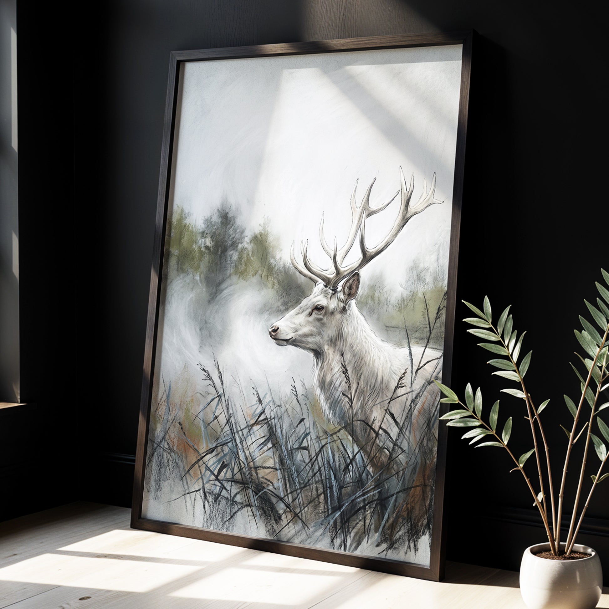 Stag in the Silver Mist, gray, white, black nature wall art displayed in a styled interior, gallery view 2