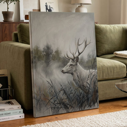 Stag in the Silver Mist, gray, white, black nature wall art displayed in a styled interior, gallery view 3