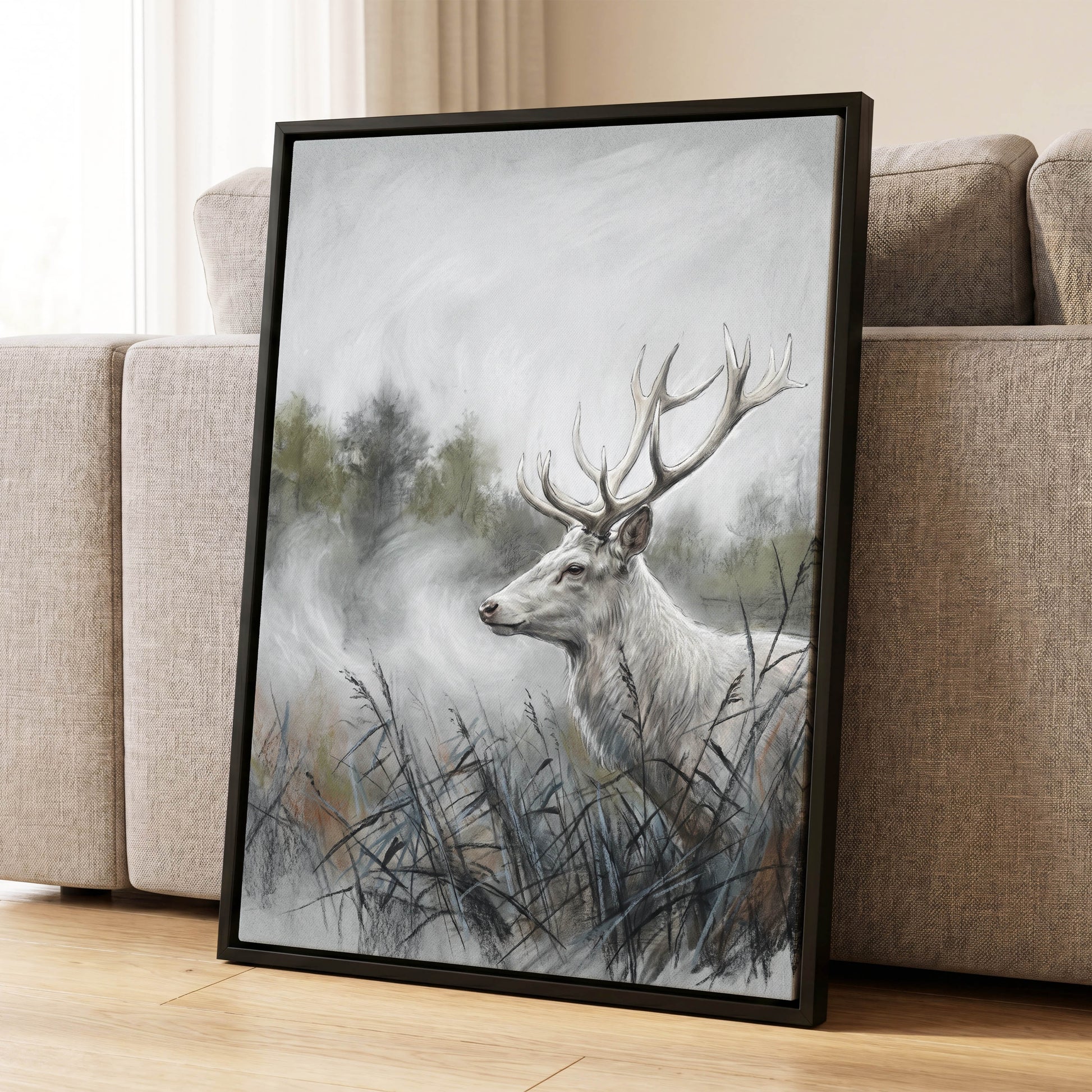 Stag in the Silver Mist, gray, white, black nature wall art displayed in a styled interior, gallery view 4