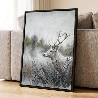 Stag in the Silver Mist, gray, white, black nature wall art displayed in a styled interior, gallery view 4