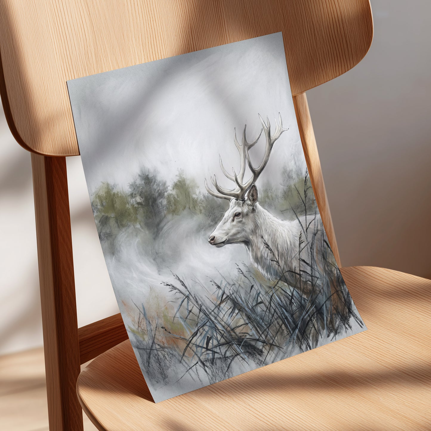 Stag in the Silver Mist, gray, white, black nature wall art displayed in a styled interior, gallery view 5