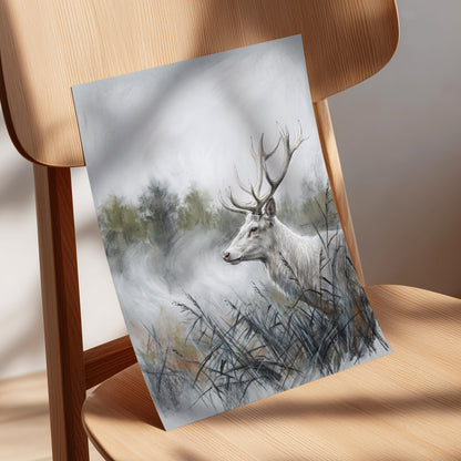 Stag in the Silver Mist, gray, white, black nature wall art displayed in a styled interior, gallery view 5