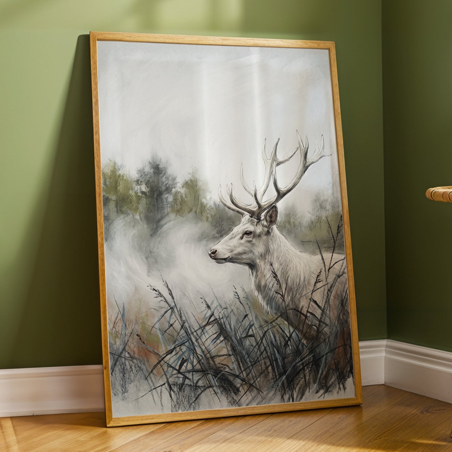 Stag in the Silver Mist, gray, white, black nature wall art displayed in a styled interior, gallery view 6