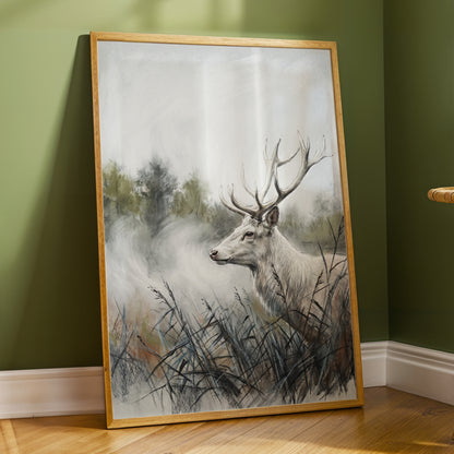 Stag in the Silver Mist, gray, white, black nature wall art displayed in a styled interior, gallery view 6
