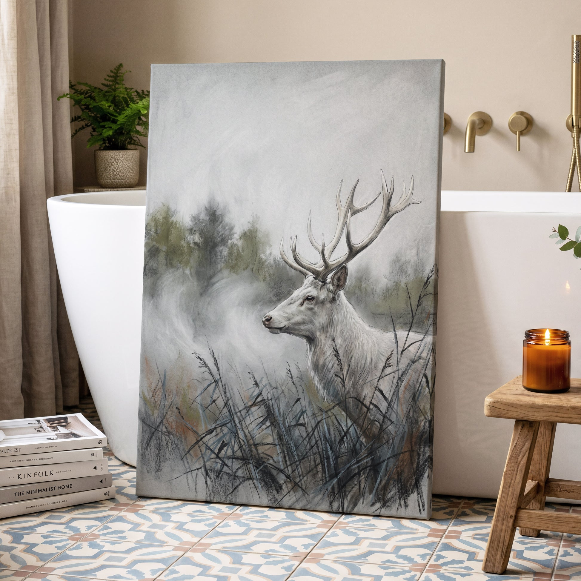 Stag in the Silver Mist, gray, white, black nature wall art displayed in a styled interior, gallery view 7