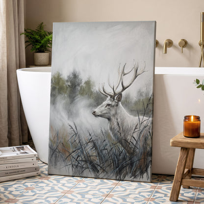 Stag in the Silver Mist, gray, white, black nature wall art displayed in a styled interior, gallery view 7
