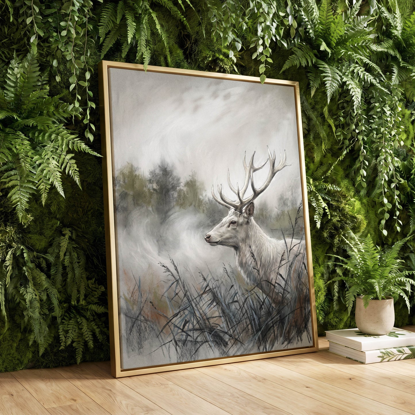 Stag in the Silver Mist, gray, white, black nature wall art displayed in a styled interior, gallery view 8
