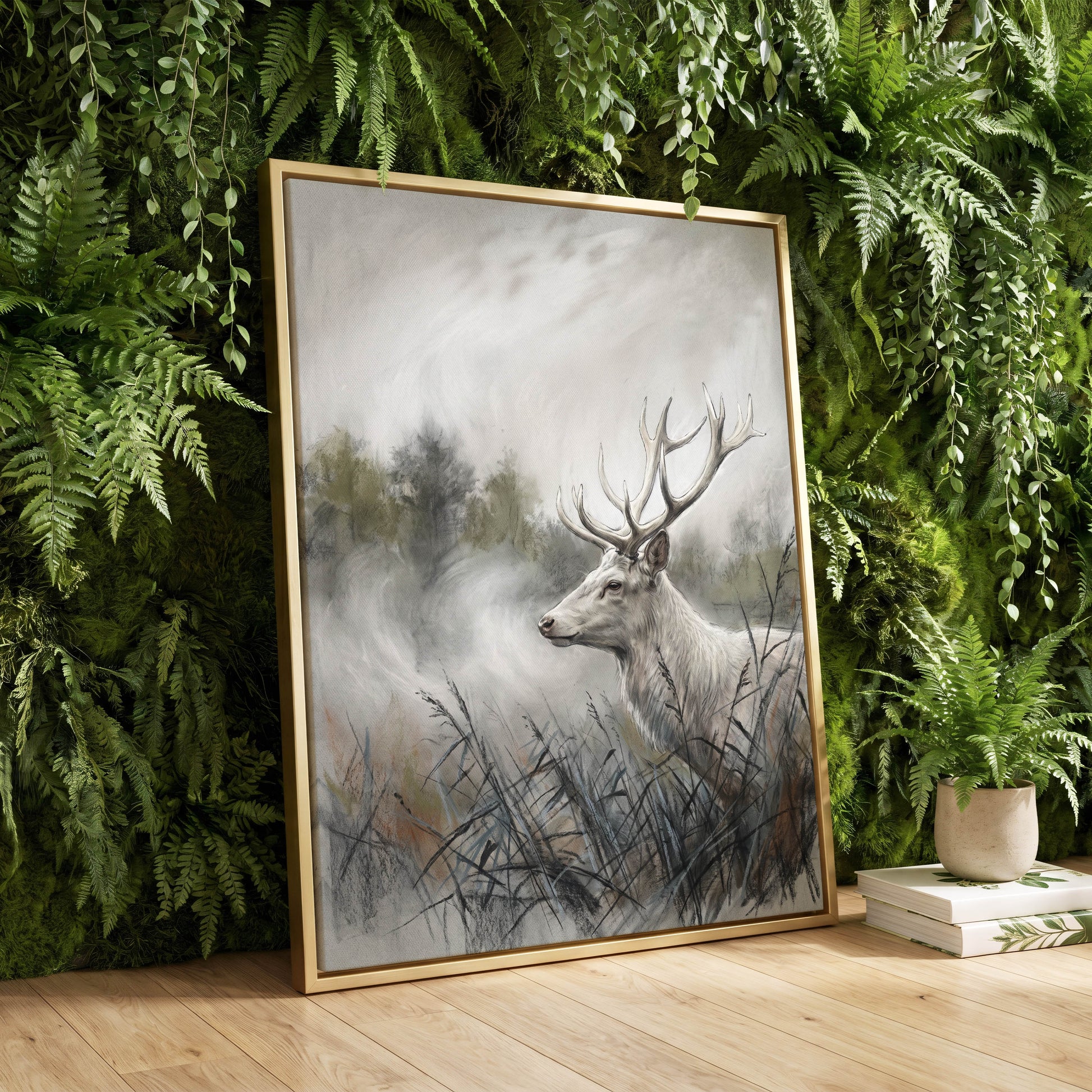 Stag in the Silver Mist, gray, white, black nature wall art displayed in a styled interior, gallery view 8