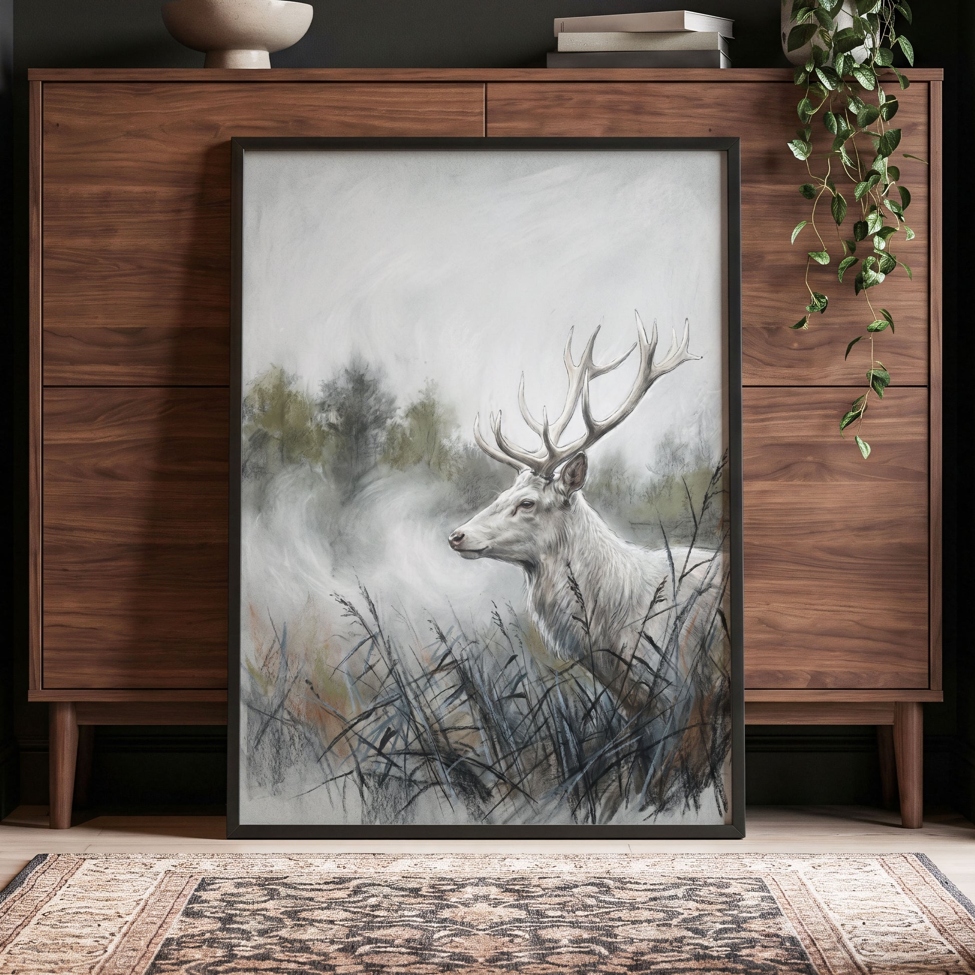 Stag in the Silver Mist, gray, white, black nature wall art displayed in a styled interior, gallery view 9