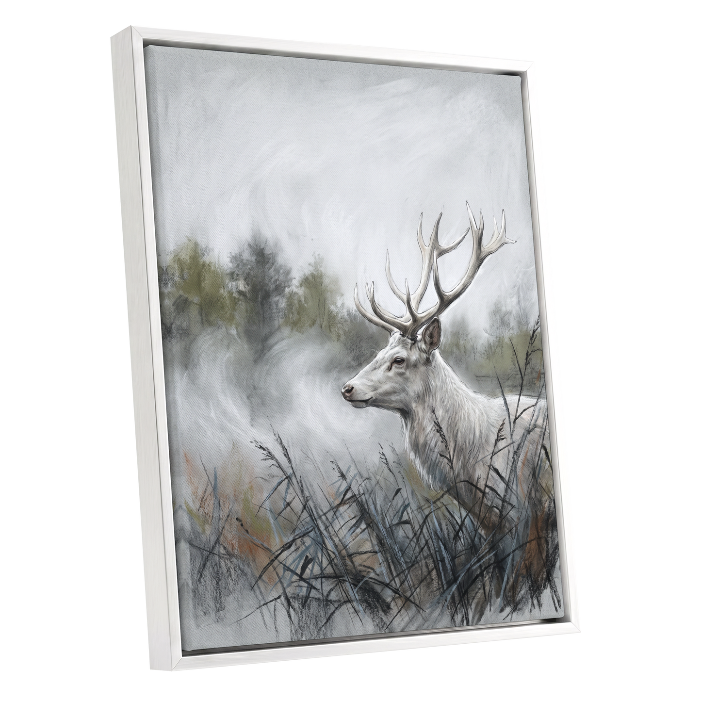 Stag in the Silver Mist, gray, white, black nature wall art shown as a white framed canvas wall art