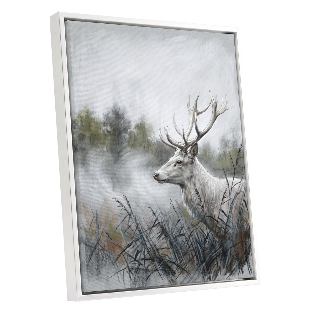 Stag in the Silver Mist, gray, white, black nature wall art shown as a white framed canvas wall art