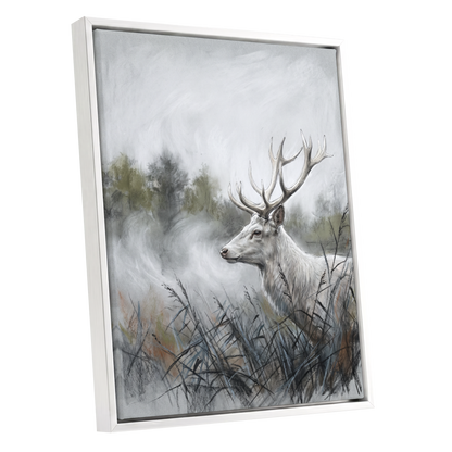 Stag in the Silver Mist, gray, white, black nature wall art shown as a white framed canvas wall art