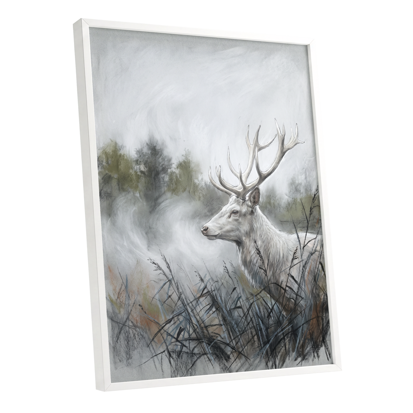 Stag in the Silver Mist, gray, white, black nature wall art shown as a white framed poster wall art print