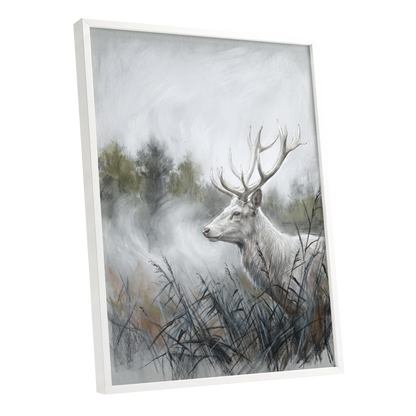 Stag in the Silver Mist, gray, white, black nature wall art shown as a white framed poster wall art print