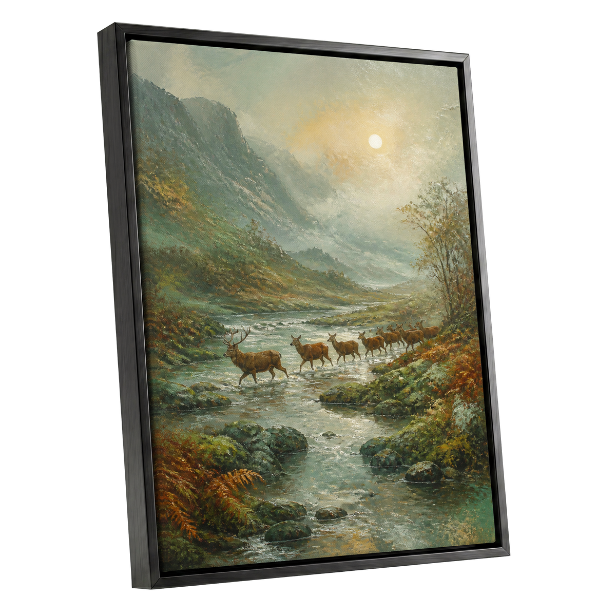 Stags in the Mountain Mist, green, brown, gray nature wall art shown as a black framed canvas wall art