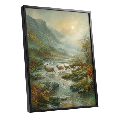 Stags in the Mountain Mist, green, brown, gray nature wall art shown as a black framed poster wall art print