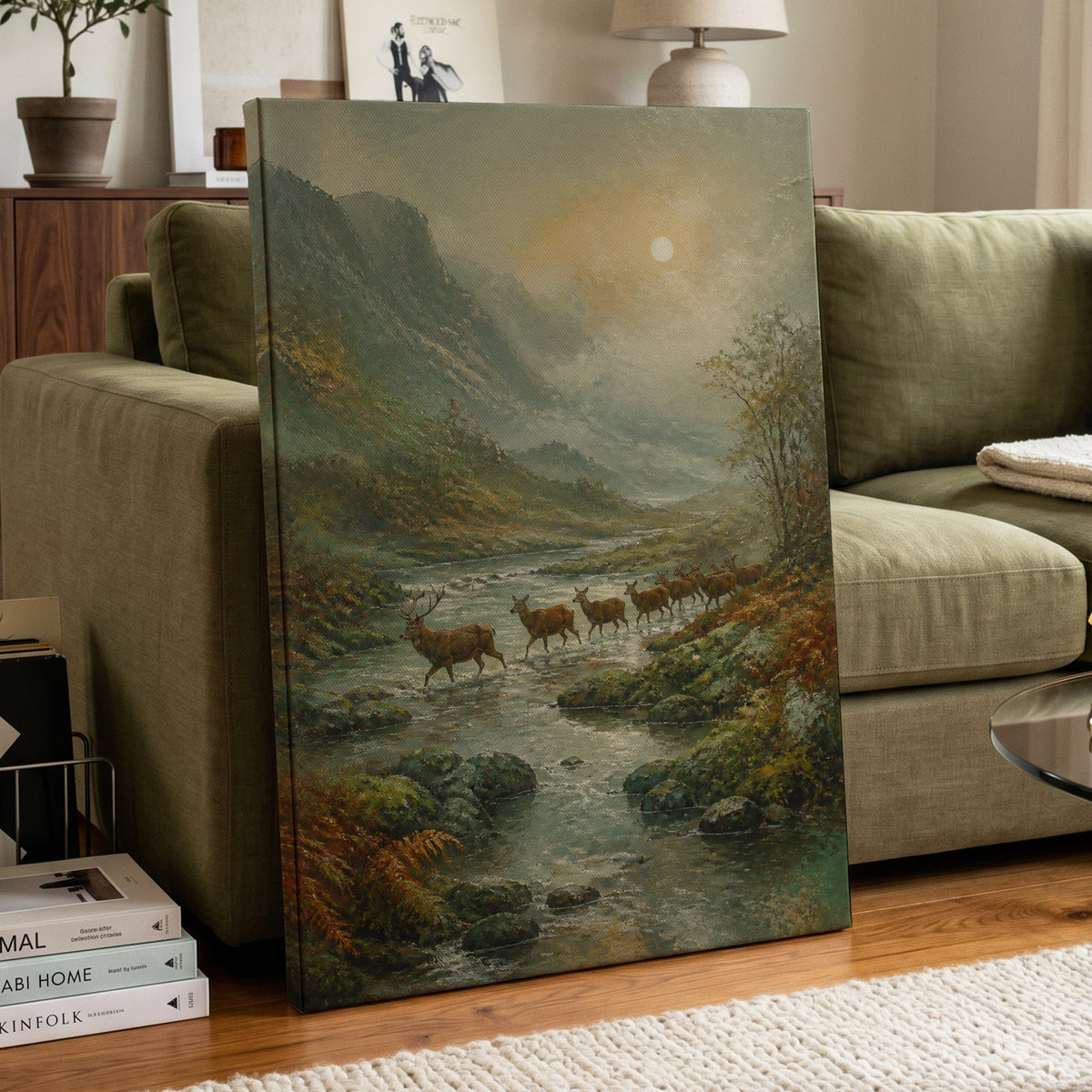 Stags in the Mountain Mist, green, brown, gray nature wall art on canvas displayed in a styled interior, gallery view 1