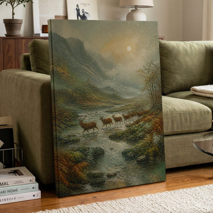 Stags in the Mountain Mist, green, brown, gray nature wall art on canvas displayed in a styled interior, gallery view 1