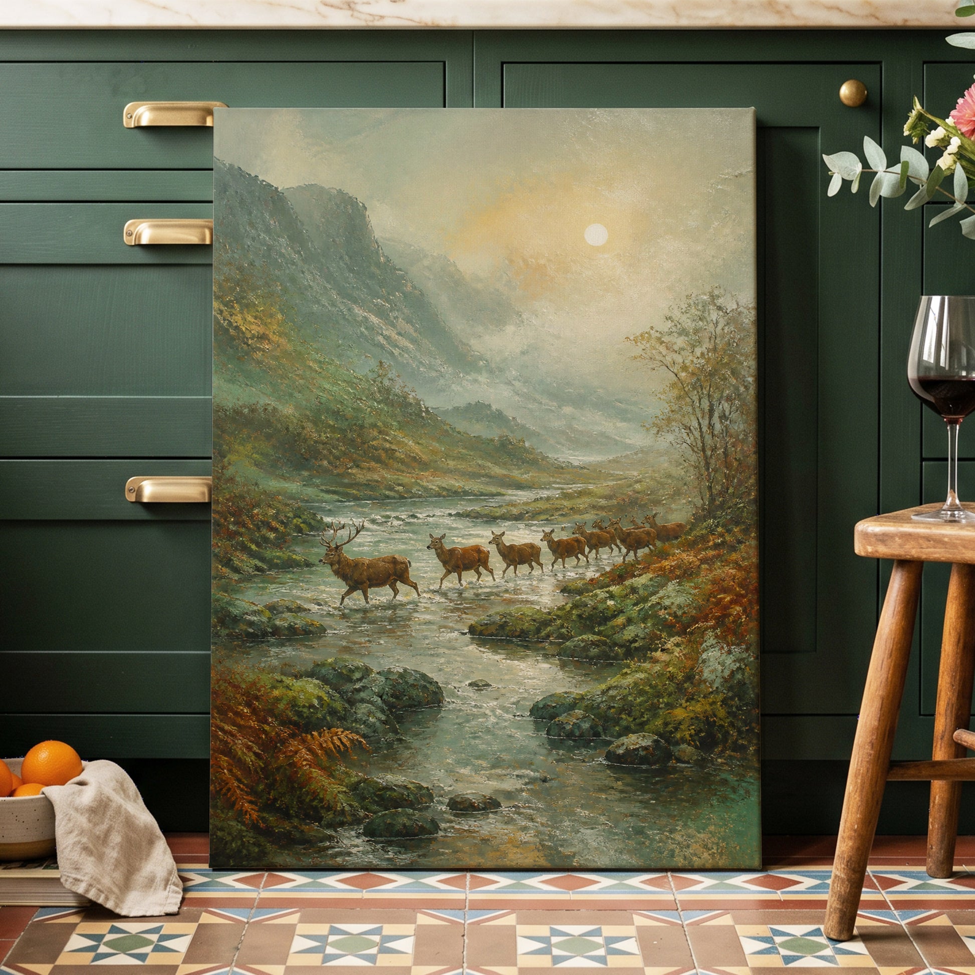 Stags in the Mountain Mist, green, brown, gray nature wall art on canvas displayed in a styled interior, gallery view 2
