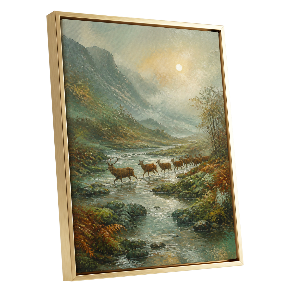 Stags in the Mountain Mist, green, brown, gray nature wall art shown as a gold framed canvas wall art