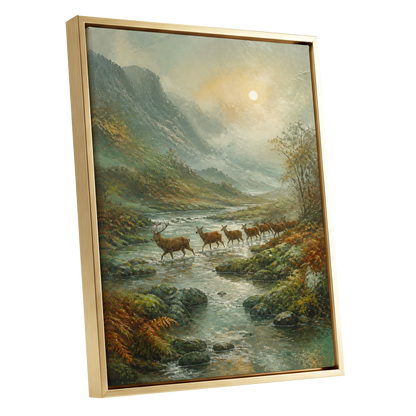 Stags in the Mountain Mist, green, brown, gray nature wall art shown as a gold framed canvas wall art