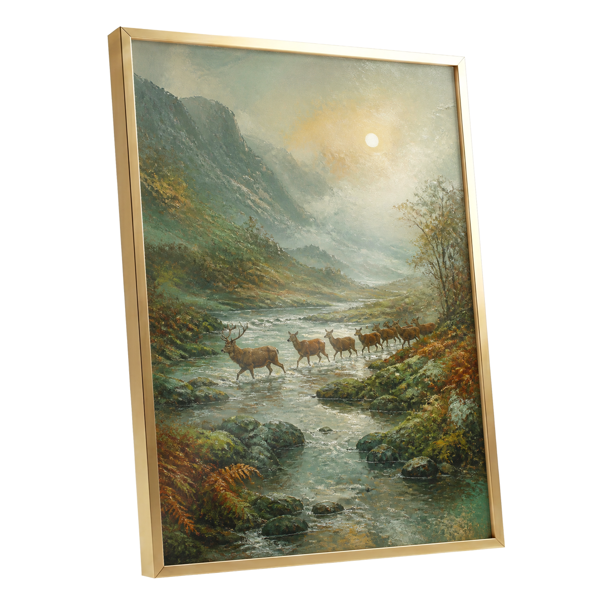 Stags in the Mountain Mist, green, brown, gray nature wall art shown as a gold framed poster wall art print