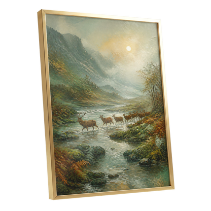 Stags in the Mountain Mist, green, brown, gray nature wall art shown as a gold framed poster wall art print
