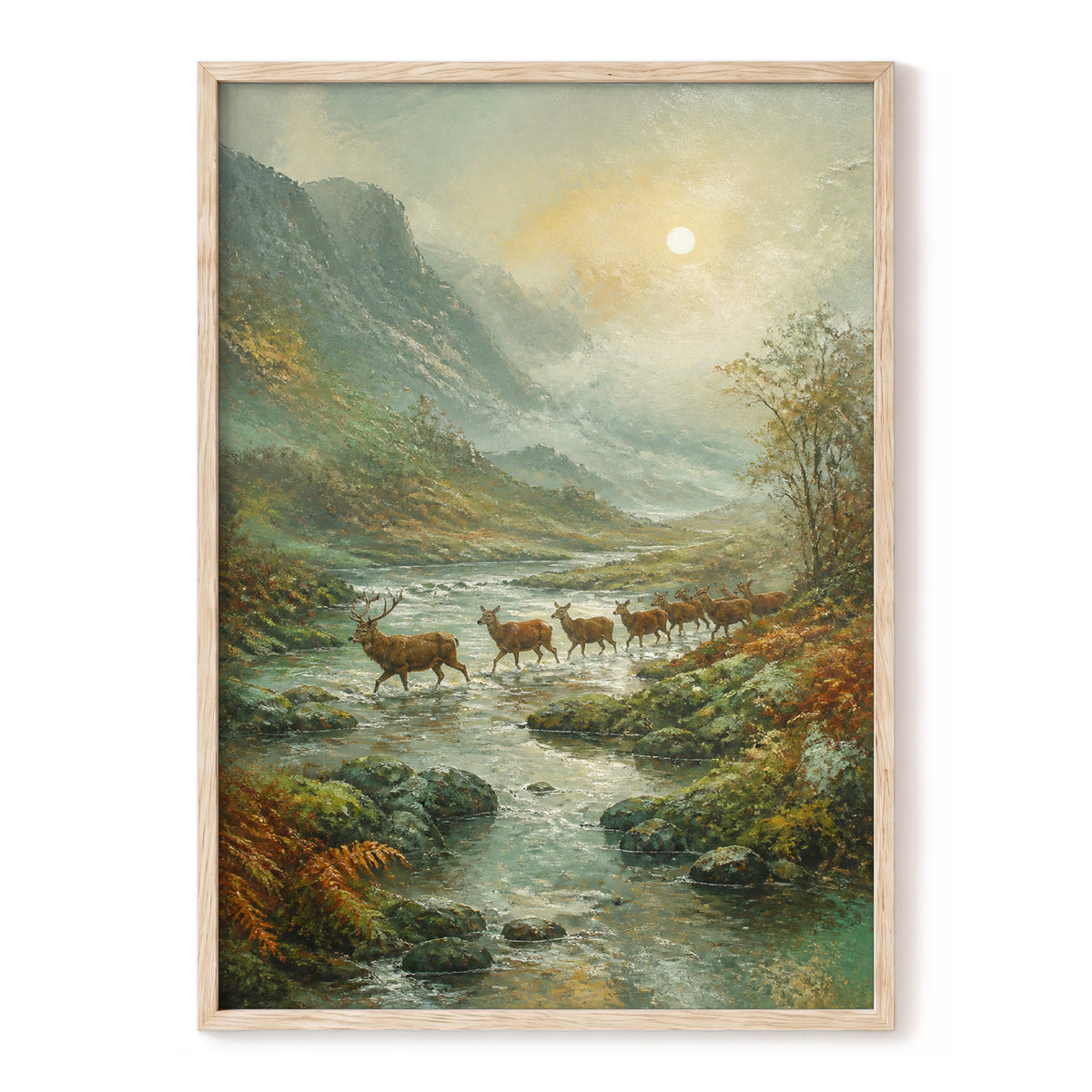 Stags in the Mountain Mist, green, brown, gray nature wall art, front artwork view