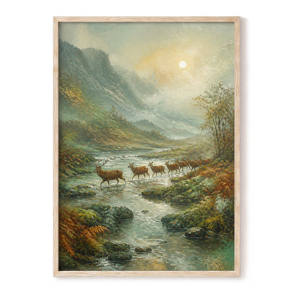 Stags in the Mountain Mist, green, brown, gray nature wall art, front artwork view