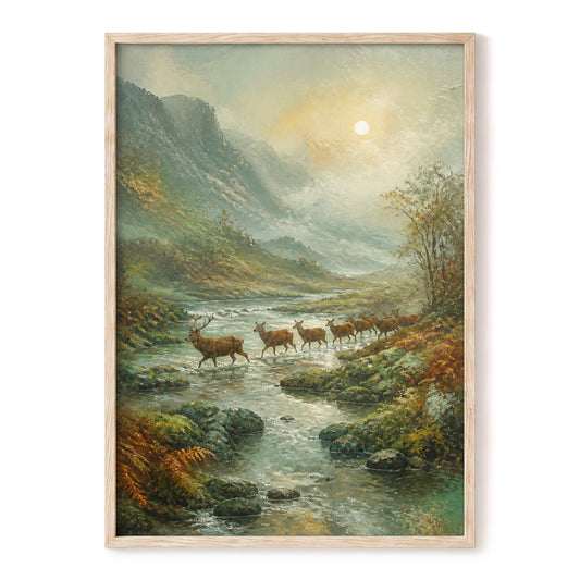 Stags in the Mountain Mist, green, brown, gray nature wall art, front artwork view
