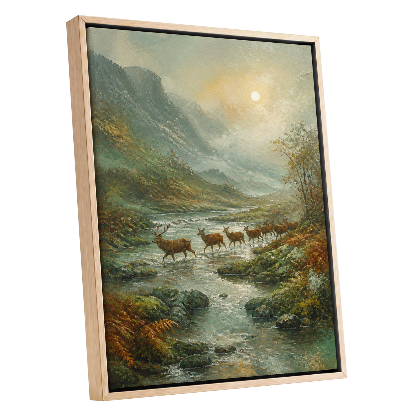 Stags in the Mountain Mist, green, brown, gray nature wall art shown as a oak framed canvas wall art