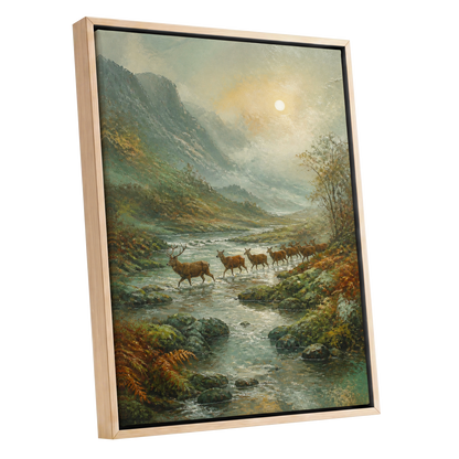 Stags in the Mountain Mist, green, brown, gray nature wall art shown as a oak framed canvas wall art