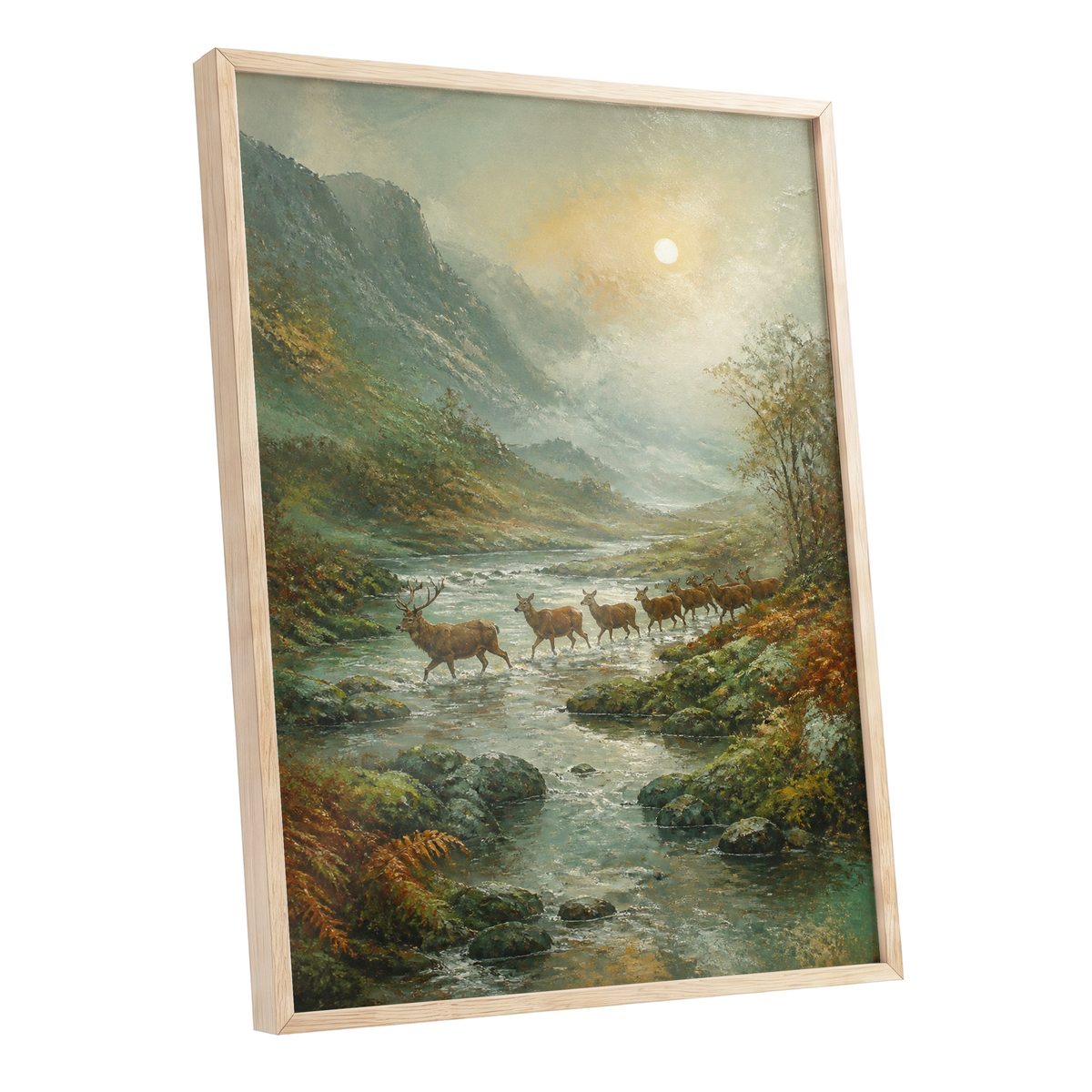 Stags in the Mountain Mist, green, brown, gray nature wall art shown as a oak framed poster wall art print