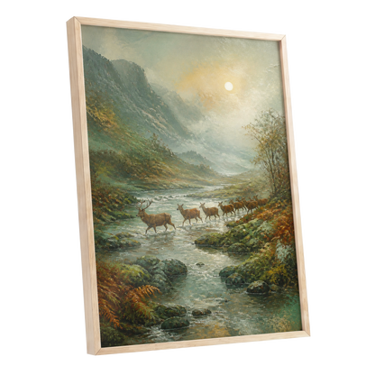 Stags in the Mountain Mist, green, brown, gray nature wall art shown as a oak framed poster wall art print