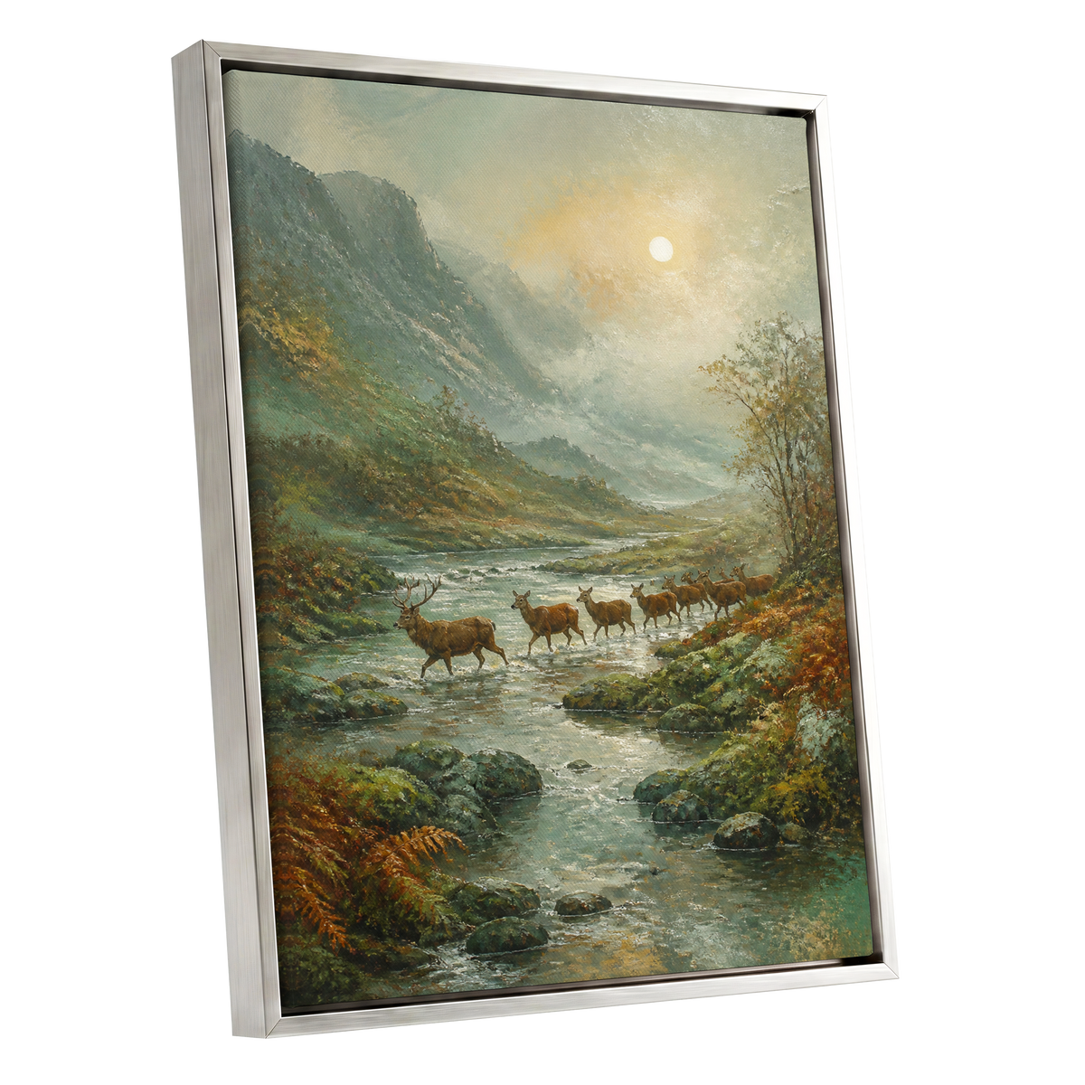Stags in the Mountain Mist, green, brown, gray nature wall art shown as a silver framed canvas wall art