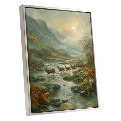 Stags in the Mountain Mist, green, brown, gray nature wall art shown as a silver framed canvas wall art