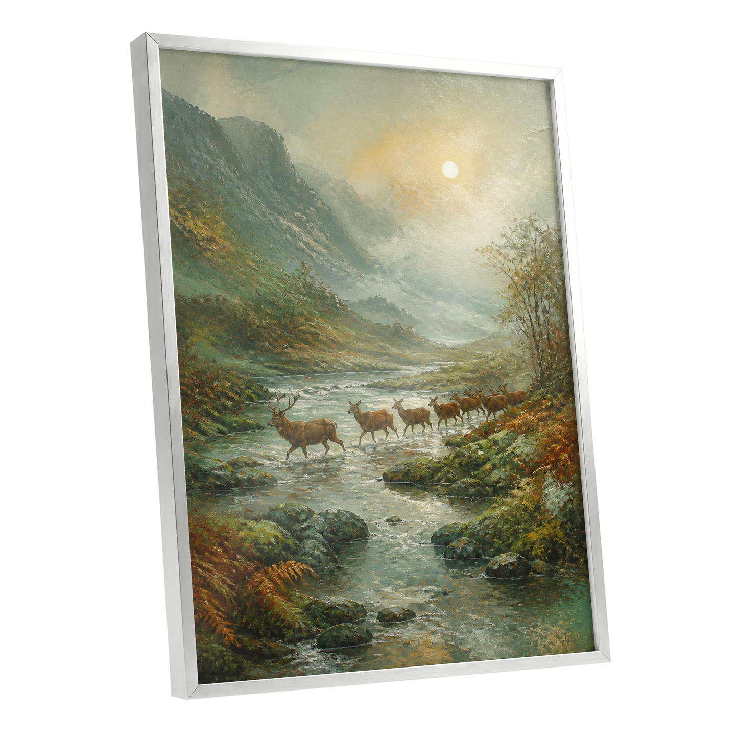 Stags in the Mountain Mist, green, brown, gray nature wall art shown as a silver framed poster wall art print