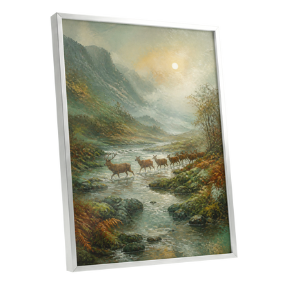 Stags in the Mountain Mist, green, brown, gray nature wall art shown as a silver framed poster wall art print