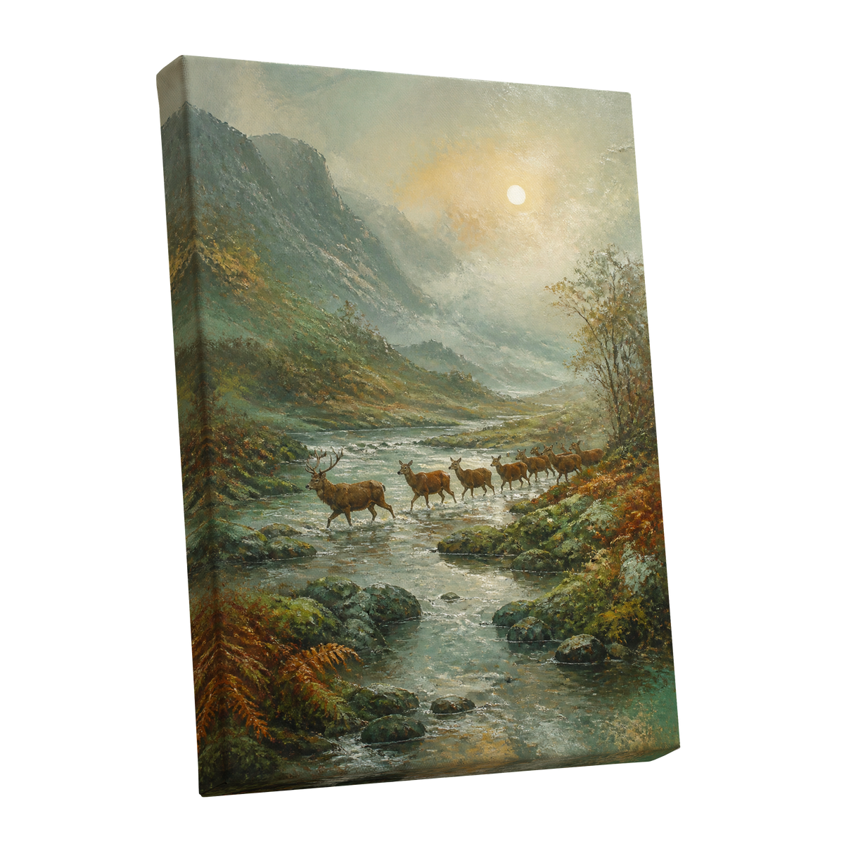 Stags in the Mountain Mist, green, brown, gray nature wall art shown as a stretched canvas wall art