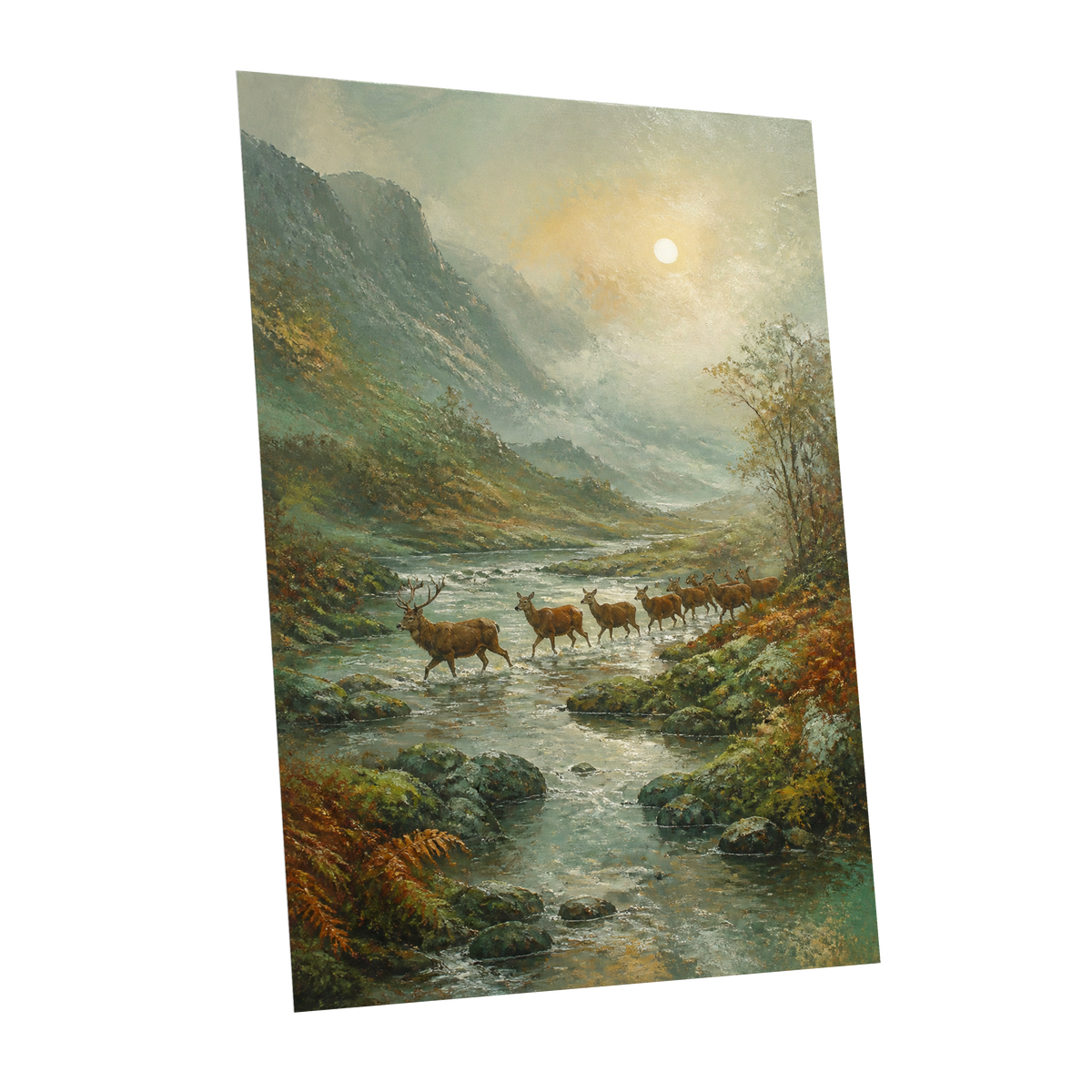 Stags in the Mountain Mist, green, brown, gray nature wall art shown as a unframed poster wall art print