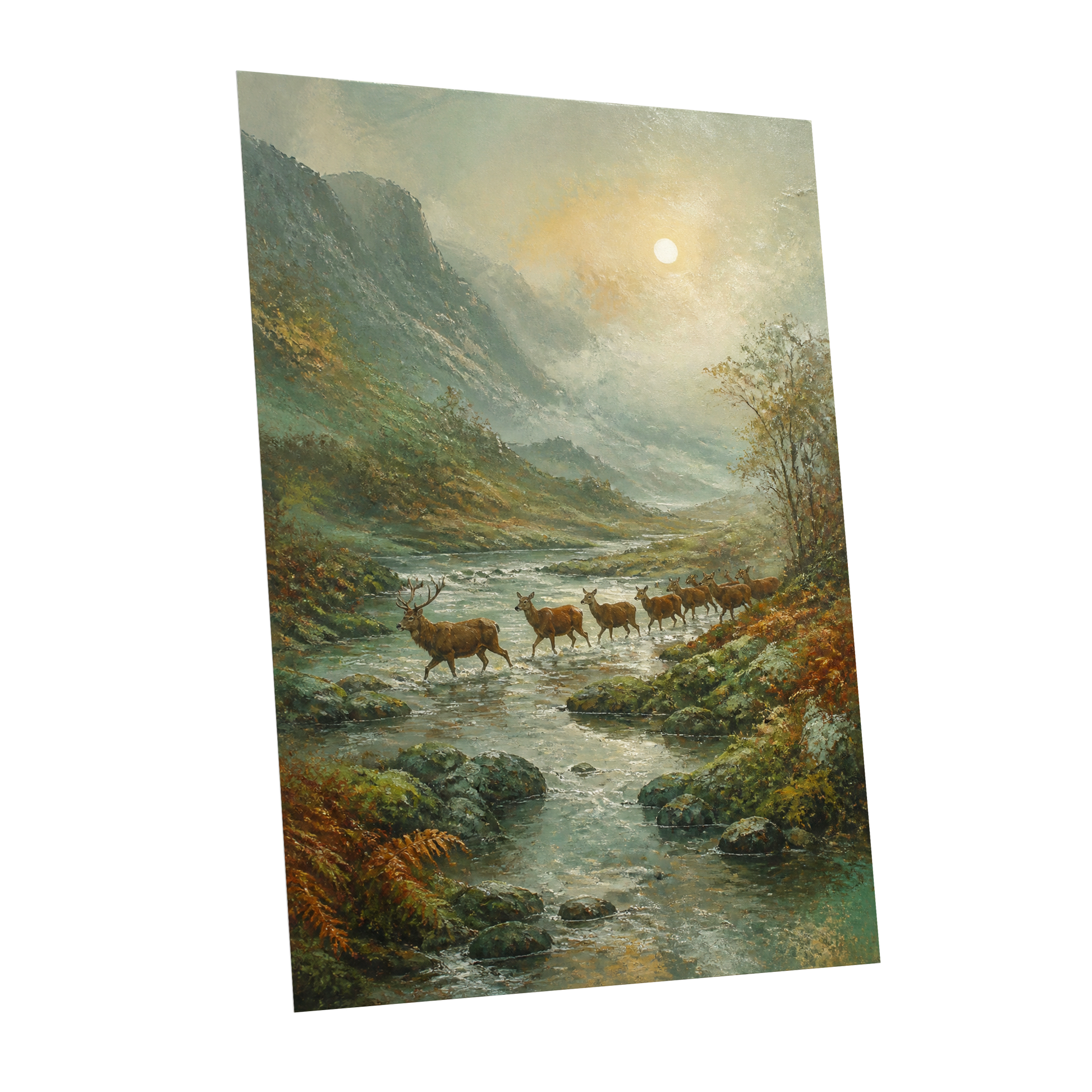 Stags in the Mountain Mist, green, brown, gray nature wall art shown as a unframed poster wall art print