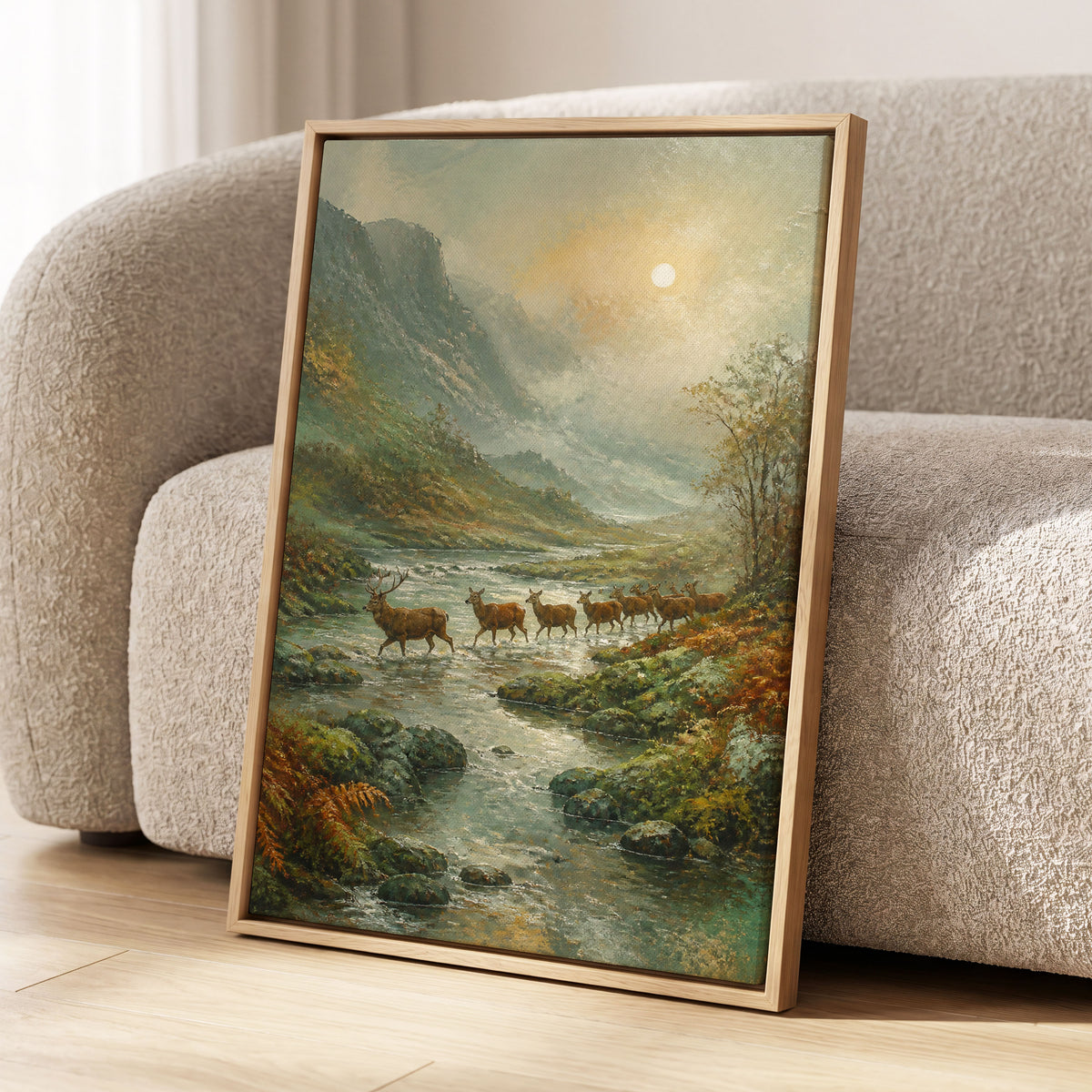 Stags in the Mountain Mist, green, brown, gray nature wall art displayed in a styled interior, gallery view 1