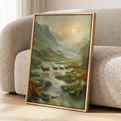 Stags in the Mountain Mist, green, brown, gray nature wall art displayed in a styled interior, gallery view 1