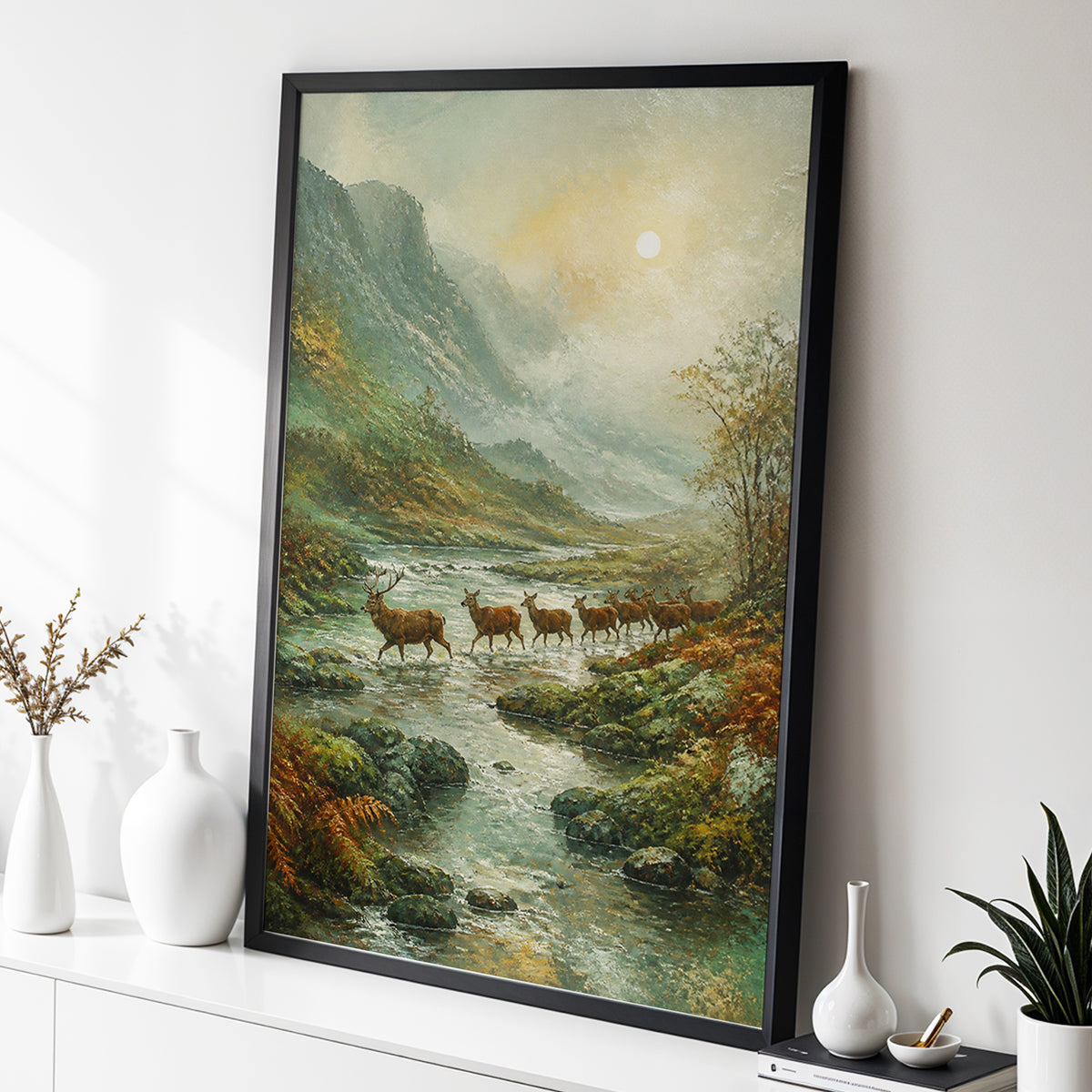 Stags in the Mountain Mist, green, brown, gray nature wall art displayed in a styled interior, gallery view 2