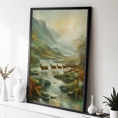 Stags in the Mountain Mist, green, brown, gray nature wall art displayed in a styled interior, gallery view 2