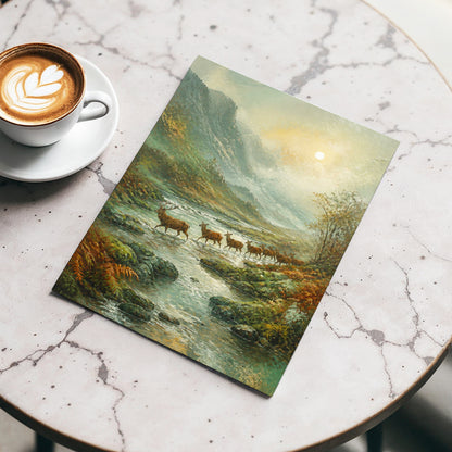Stags in the Mountain Mist, green, brown, gray nature wall art displayed in a styled interior, gallery view 3