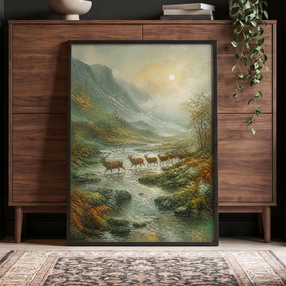 Stags in the Mountain Mist, green, brown, gray nature wall art displayed in a styled interior, gallery view 4